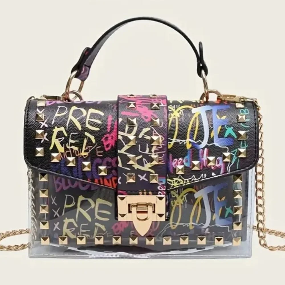 Graffiti Print Clear 2pc Crossbody Clutch w/ Studs & Removable Zippered Pouch - Picture 3 of 5